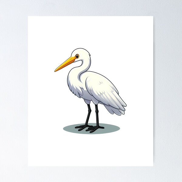 Item preview, A cartoon illustration of a white heron with a bright orange beak and expressive eyes. designed and sold by cave-canvas.