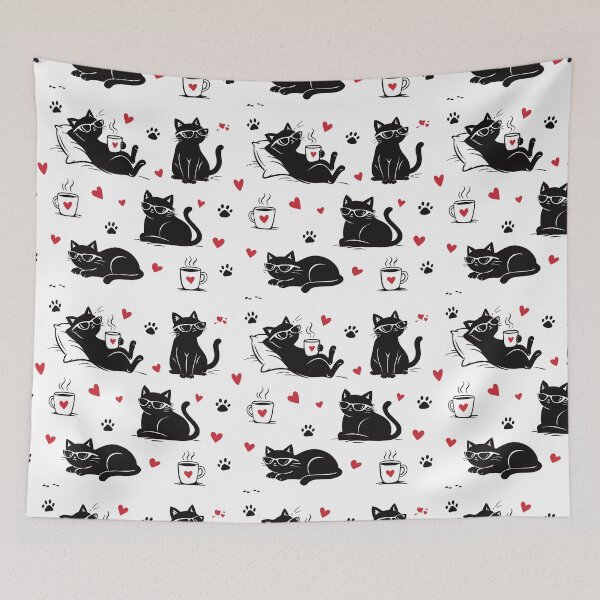 Item preview, Cute Cat Coffee Pattern – Funny Cat Lover Seamless Pattern With Hearts designed and sold by MonNoir.