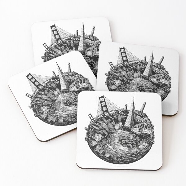 Item preview, A bold black and white San Francisco globe illustration featuring the city’s iconic skyline wrapped around a circular planet. designed and sold by PIXEL POP DESIGNS - Beyond the Norm!.