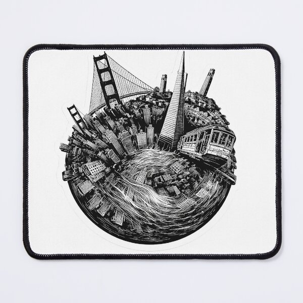 Item preview, A bold black and white San Francisco globe illustration featuring the city’s iconic skyline wrapped around a circular planet. designed and sold by PIXEL POP DESIGNS - Beyond the Norm!.