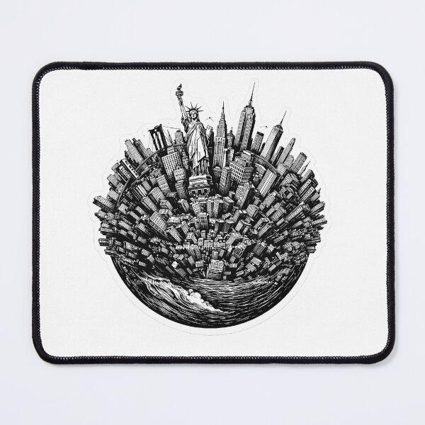 Item preview, A detailed black and white New York City globe illustration featuring the iconic skyline wrapped around a spherical city planet. designed and sold by PIXEL POP DESIGNS - Beyond the Norm!.