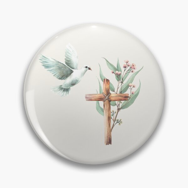 Item preview, Flying white dove with wooden rustic cross and Eucalyptus branches. Religion watercolor painting designed and sold by BartolArt.