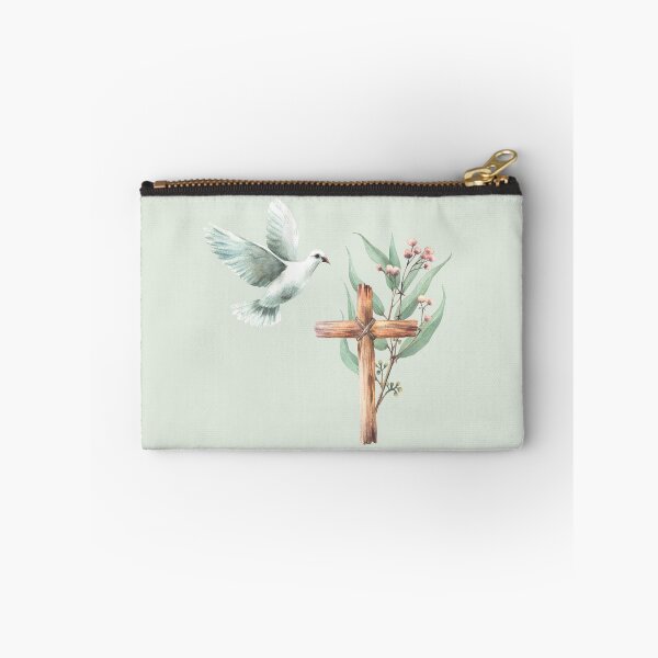 Item preview, Flying white dove with wooden rustic cross and Eucalyptus branches. Religion watercolor painting designed and sold by BartolArt.