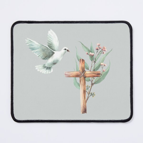 Item preview, Flying white dove with wooden rustic cross and Eucalyptus branches. Religion watercolor painting designed and sold by BartolArt.