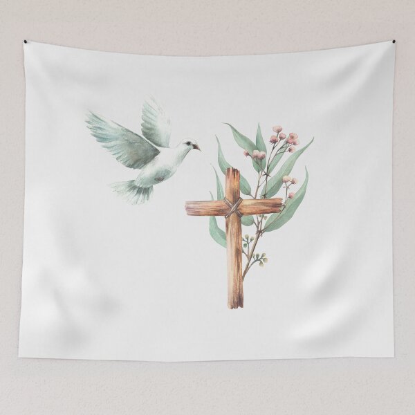 Item preview, Flying white dove with wooden rustic cross and Eucalyptus branches. Religion watercolor painting designed and sold by BartolArt.