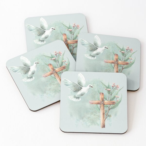 Item preview, Copy of Flying white dove with wooden rustic cross and Eucalyptus branches. Religion watercolor painting designed and sold by BartolArt.