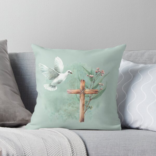 Item preview, Copy of Flying white dove with wooden rustic cross and Eucalyptus branches. Religion watercolor painting designed and sold by BartolArt.
