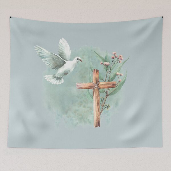 Item preview, Copy of Flying white dove with wooden rustic cross and Eucalyptus branches. Religion watercolor painting designed and sold by BartolArt.