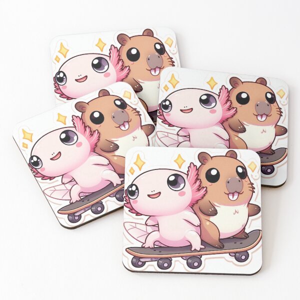 Item preview, Kawaii Axolotl & Capybara Skateboarding – Cute Pastel Cartoon designed and sold by Mitaudesign.
