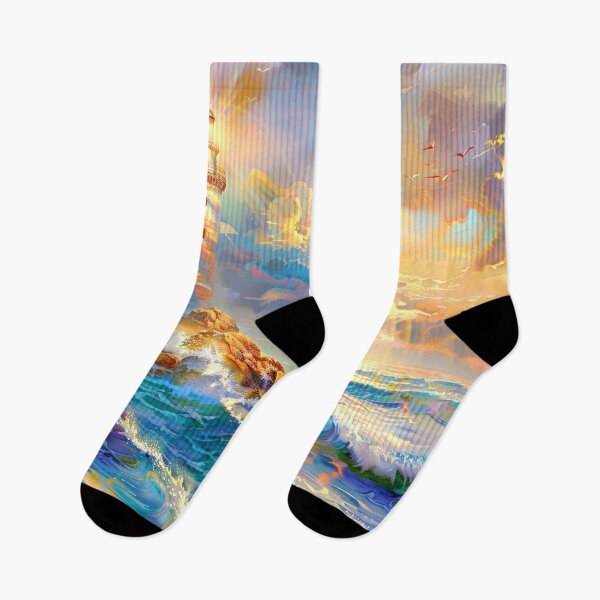 Item preview, Lighthouse at Sunset by the Ocean – Dreamy Pastel Cliffside Seascape Art designed and sold by MargaretWiktor.
