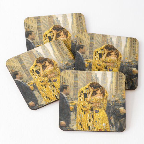 Item preview, Midtown Kiss During Rush Hour - Inspired by Gustav Klimt (1862–1918), after his golden figures left the frame and walked straight into Midtown’s morning commute. designed and sold by TheArtsyFrogs.
