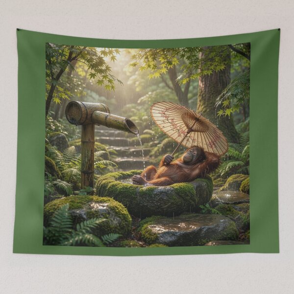 Item preview, Orangutan Bathes in Shishi Odoshi Fountain With Parasol designed and sold by Tridentulus.