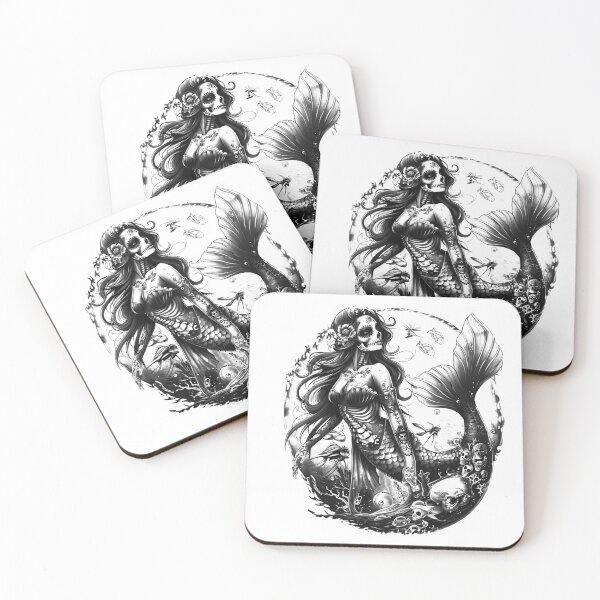 Item preview, Sugar Skull Mermaid - Gothic Black and White Siren Art designed and sold by inkoutninja.