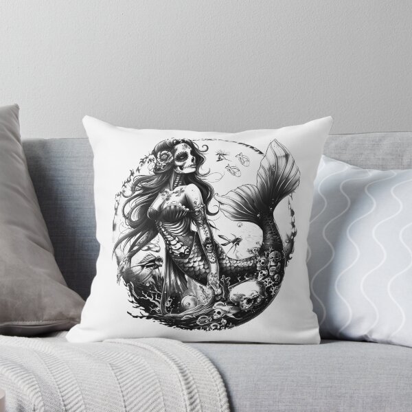 Item preview, Sugar Skull Mermaid - Gothic Black and White Siren Art designed and sold by inkoutninja.