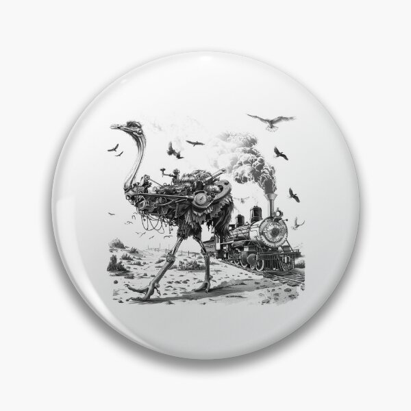 Item preview, Steampunk Ostrich and Steam Train - Black and White Retro Futuristic Art designed and sold by inkoutninja.