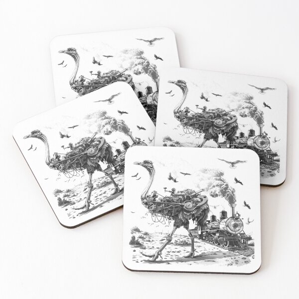 Item preview, Steampunk Ostrich and Steam Train - Black and White Retro Futuristic Art designed and sold by inkoutninja.
