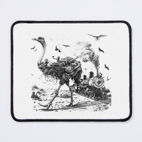 Item preview, Steampunk Ostrich and Steam Train - Black and White Retro Futuristic Art designed and sold by inkoutninja.