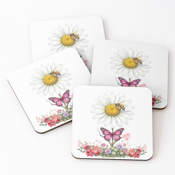 Item preview, Watercolor daisy garden: elegant flowers with a bee and a pink butterfly designed and sold by VibranPalette.