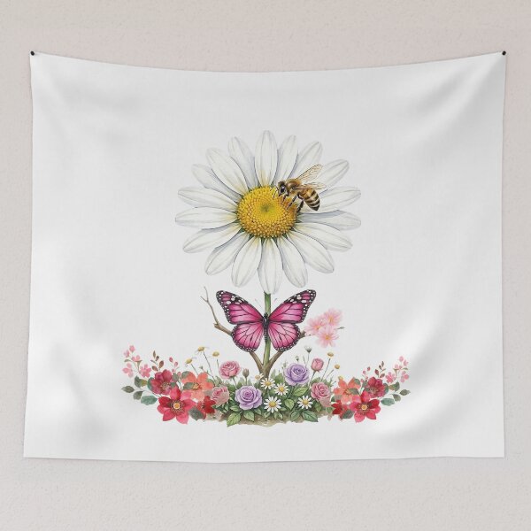 Item preview, Watercolor daisy garden: elegant flowers with a bee and a pink butterfly designed and sold by VibranPalette.