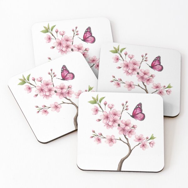 Item preview, Pink Sakura Cherry Blossom Branch with  Butterfly - Hand-Painted Watercolor Illustration designed and sold by VibranPalette.