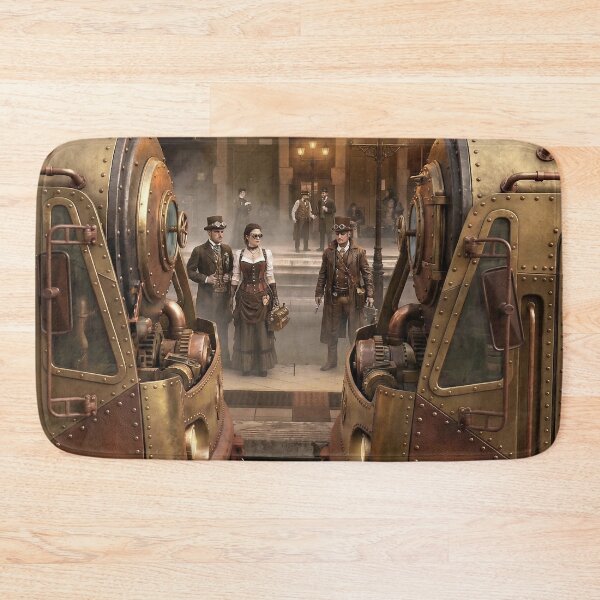 Item preview, Steampunk Railway Station - Vintage Industrial Steam Train & Victorian Travelers designed and sold by steampunkimages.
