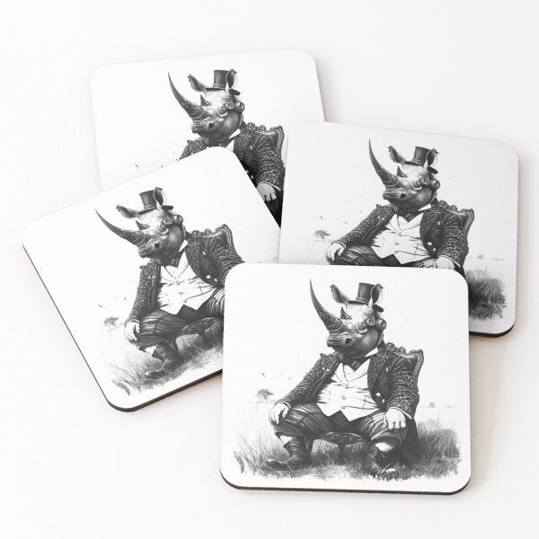 Item preview, Gentleman Rhino in Top Hat - Black and White Victorian Animal Portrait designed and sold by inkoutninja.