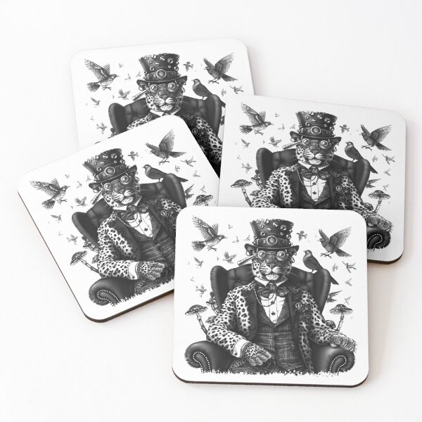 Item preview, Steampunk Leopard Gentleman - Black and White Victorian Animal Portrait  designed and sold by inkoutninja.
