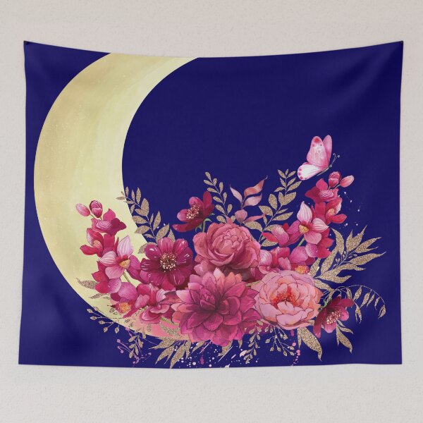 Item preview, Floral Crescent Moon Design – Pink Watercolor Flowers & Butterfly Aesthetic designed and sold by kpwi_maduwanthi.