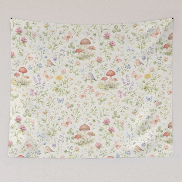 Aperçu de l'œuvre Coussin décoratif fantaisiste à motifs floraux, champignons et papillons créée et vendue par FestivityFinds.