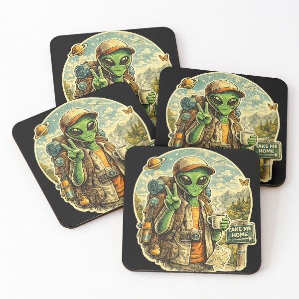Item preview, Retro Camping Alien Sticker – Cute UFO Traveler Backpacker with Coffee, Vintage Space Adventure Aesthetic designed and sold by AvalonTshirts.