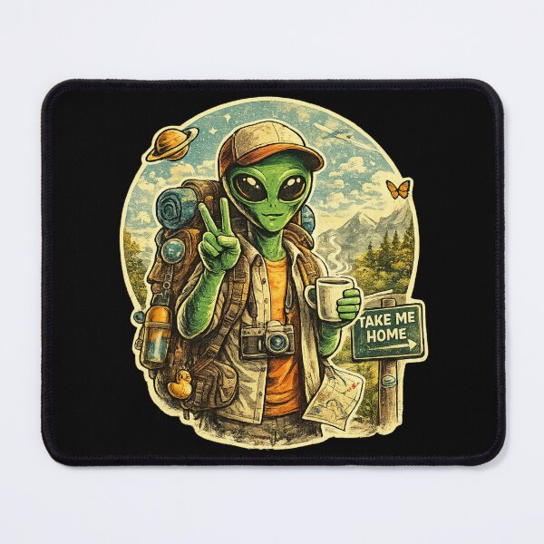 Item preview, Retro Camping Alien Sticker – Cute UFO Traveler Backpacker with Coffee, Vintage Space Adventure Aesthetic designed and sold by AvalonTshirts.