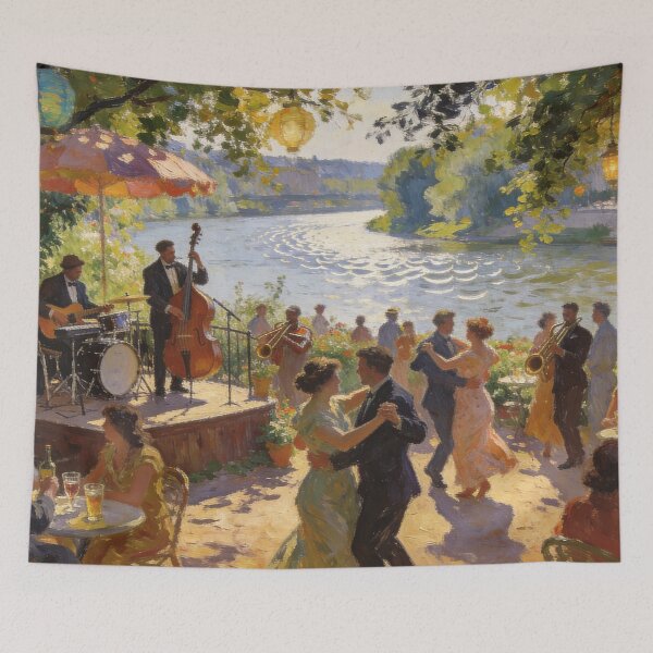 Item preview, Lively Jazz Club Scene Artwork, People Dancing & Drinking by  River in Impressionism Style designed and sold by BlareBlare.