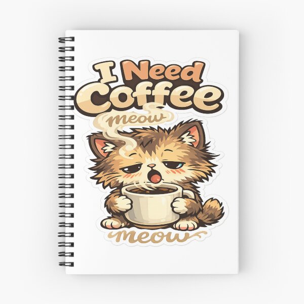 Aperçu de l'œuvre J'ai besoin de café Miaou Chat mignon Amoureux du café Autocollant chat drôle du matin Kawaii créée et vendue par ArtWaveStudio8.
