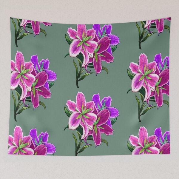 Item preview, Flowers of spring Lily Lilly flower painting - Stargazer oriental tiger lily bouquet of bloom with green leaves and stem Botanical Garden Gardener Gardening Lillies designed and sold by Artonmytee.