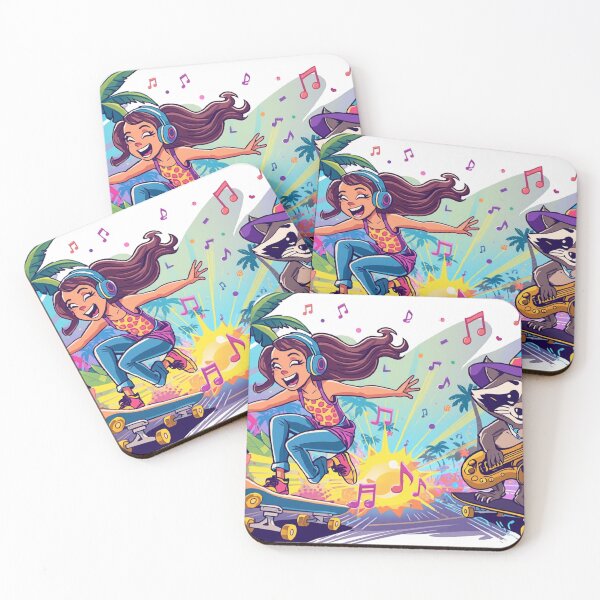 Item preview, Skateboarding Girl with Saxophone & DJ Raccoon Cartoon designed and sold by Mitaudesign.