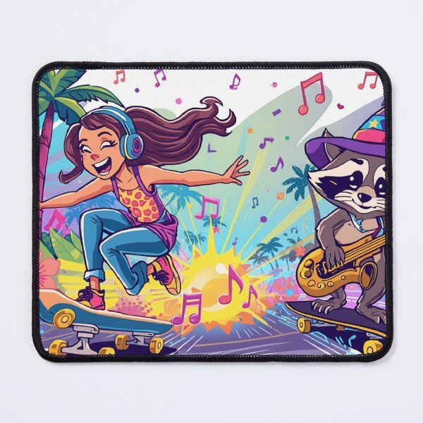 Item preview, Skateboarding Girl with Saxophone & DJ Raccoon Cartoon designed and sold by Mitaudesign.