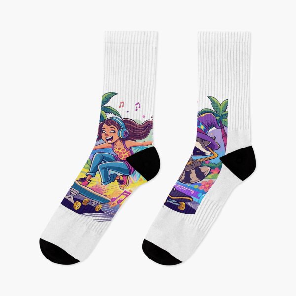 Item preview, Skateboarding Girl with Saxophone & DJ Raccoon Cartoon designed and sold by Mitaudesign.