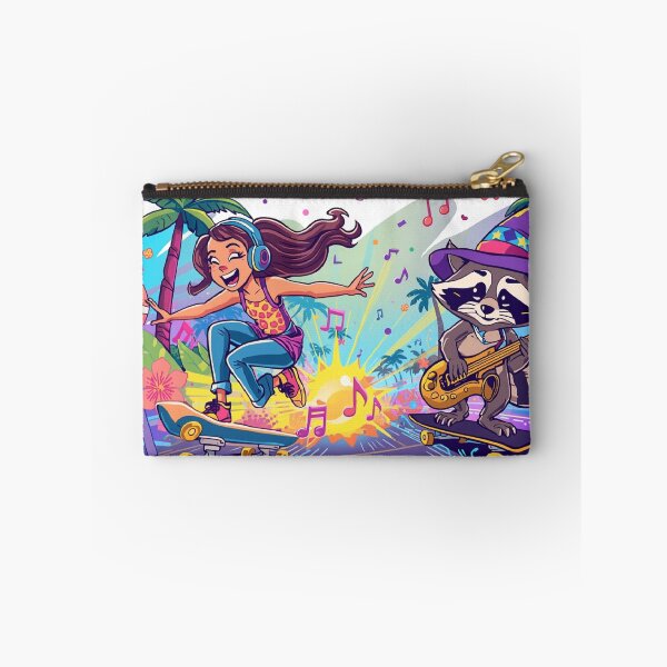 Item preview, Skateboarding Girl with Saxophone & DJ Raccoon Cartoon designed and sold by Mitaudesign.