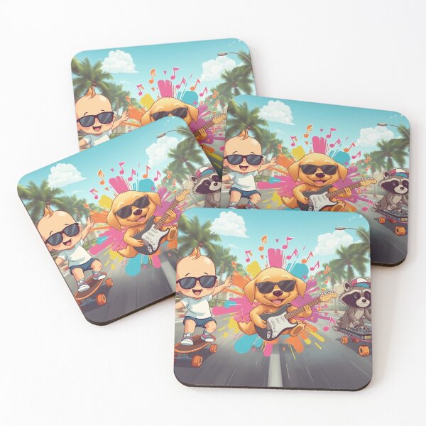 Item preview, Happy Baby Skateboarding with Guitar Dog & DJ Raccoon designed and sold by Mitaudesign.