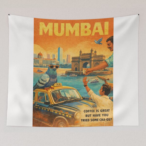 Item preview, Mumbai India Gateway of India Taxi and Pigeon Retro Travel Poster with Taj Mahal Palace and Arabian Sea designed and sold by Places On Earth.