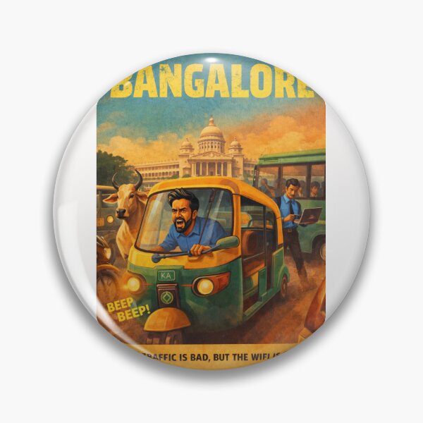 Item preview, Bangalore India Auto Rickshaw Traffic Chaos Retro Poster with Vidhana Soudha and Tech City Life designed and sold by Places On Earth.