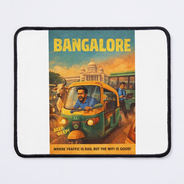 Item preview, Bangalore India Auto Rickshaw Traffic Chaos Retro Poster with Vidhana Soudha and Tech City Life designed and sold by Places On Earth.