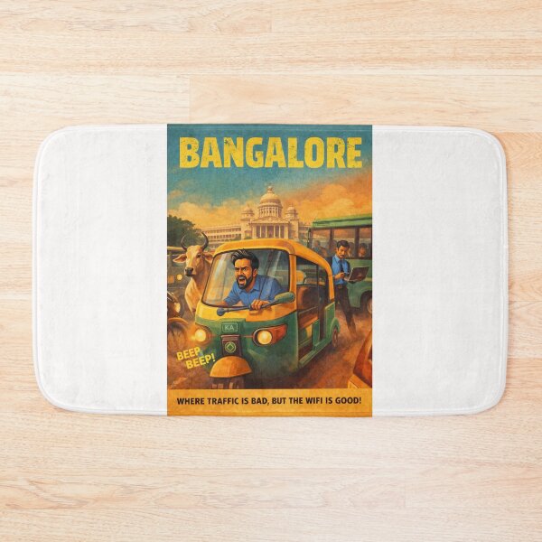 Item preview, Bangalore India Auto Rickshaw Traffic Chaos Retro Poster with Vidhana Soudha and Tech City Life designed and sold by Places On Earth.