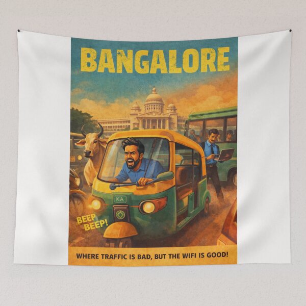 Item preview, Bangalore India Auto Rickshaw Traffic Chaos Retro Poster with Vidhana Soudha and Tech City Life designed and sold by Places On Earth.