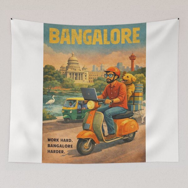 Item preview, Bangalore India Digital Nomad Scooter Scene with Vidhana Soudha and Bengaluru Tech City Skyline designed and sold by Places On Earth.