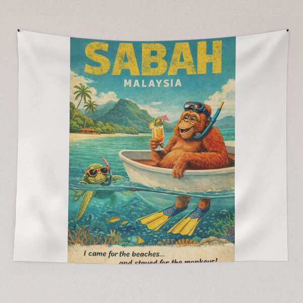 Item preview, Sabah Malaysia Orangutan Snorkeling Tropical Island Scene with Coral Reef and Sea Turtle designed and sold by Places On Earth.