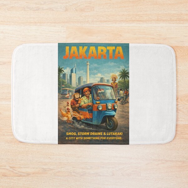 Artikelvorschau, Jakarta Indonesien Tuk Tuk Straßenszene mit Monas Monument und Jakarta Skyline Retro entworfen und verkauft von Places On Earth.