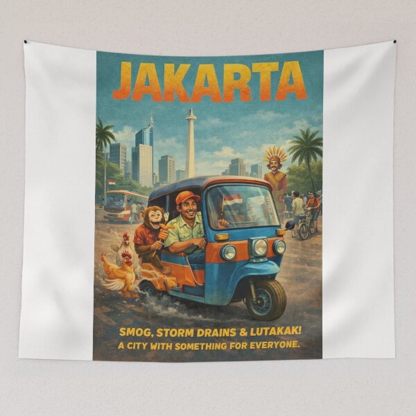 Item preview, Jakarta Indonesia Tuk Tuk Street Scene with Monas Monument and Jakarta Skyline Retro designed and sold by Places On Earth.