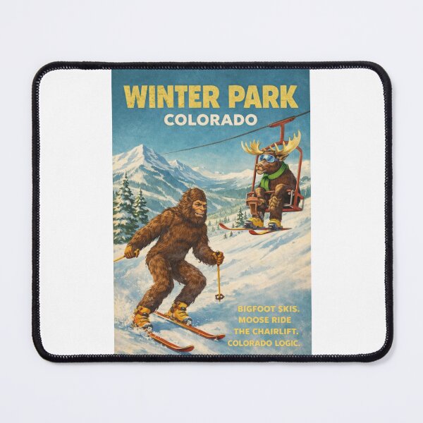 Item preview, Winter Park Colorado Rocky Mountains Ski Slopes with Bigfoot on Skis and Moose Riding Chairlift at Winter Park Resort designed and sold by Places On Earth.