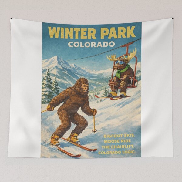 Item preview, Winter Park Colorado Rocky Mountains Ski Slopes with Bigfoot on Skis and Moose Riding Chairlift at Winter Park Resort designed and sold by Places On Earth.